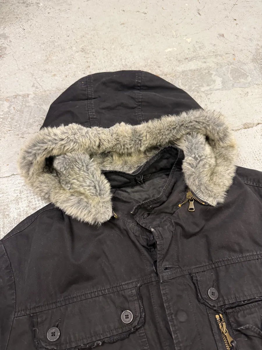 2000s Daniele Alessandrini Military Black Multi Pockets Faux Fur Jacket CoeerAz 6