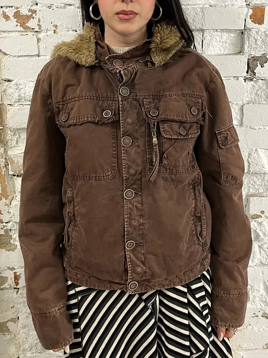 2000s Daniele Alessandrini Military Brown Multi Pockets Faux Fur Jacket LkWRgzw 1