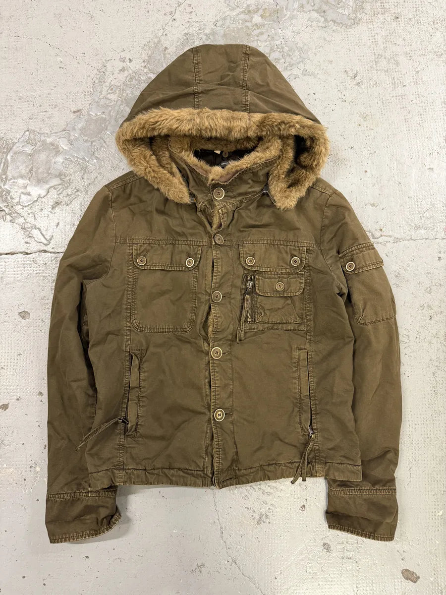 2000s Daniele Alessandrini Military Green Fur Hooded Jacket AKfdxSr 0