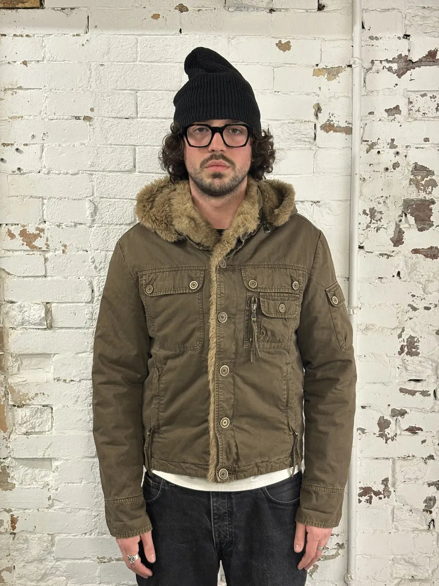 2000s Daniele Alessandrini Military Green Fur Hooded Jacket AKfdxSr 1