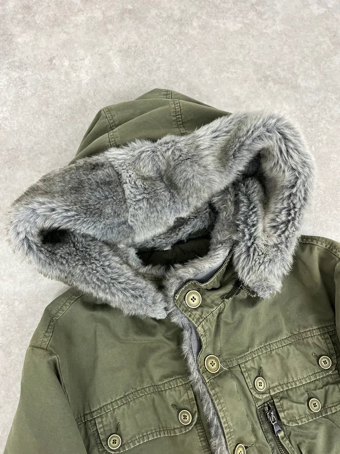 2000s Daniele Alessandrini Military Green Multi Pockets Faux Fur Jacket nKmfepU 4