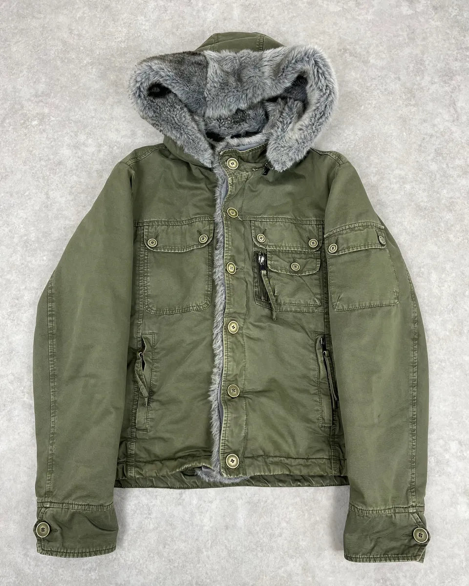 2000s Daniele Alessandrini Military Green Multi Pockets Faux Fur Jacket nKmfepU 2