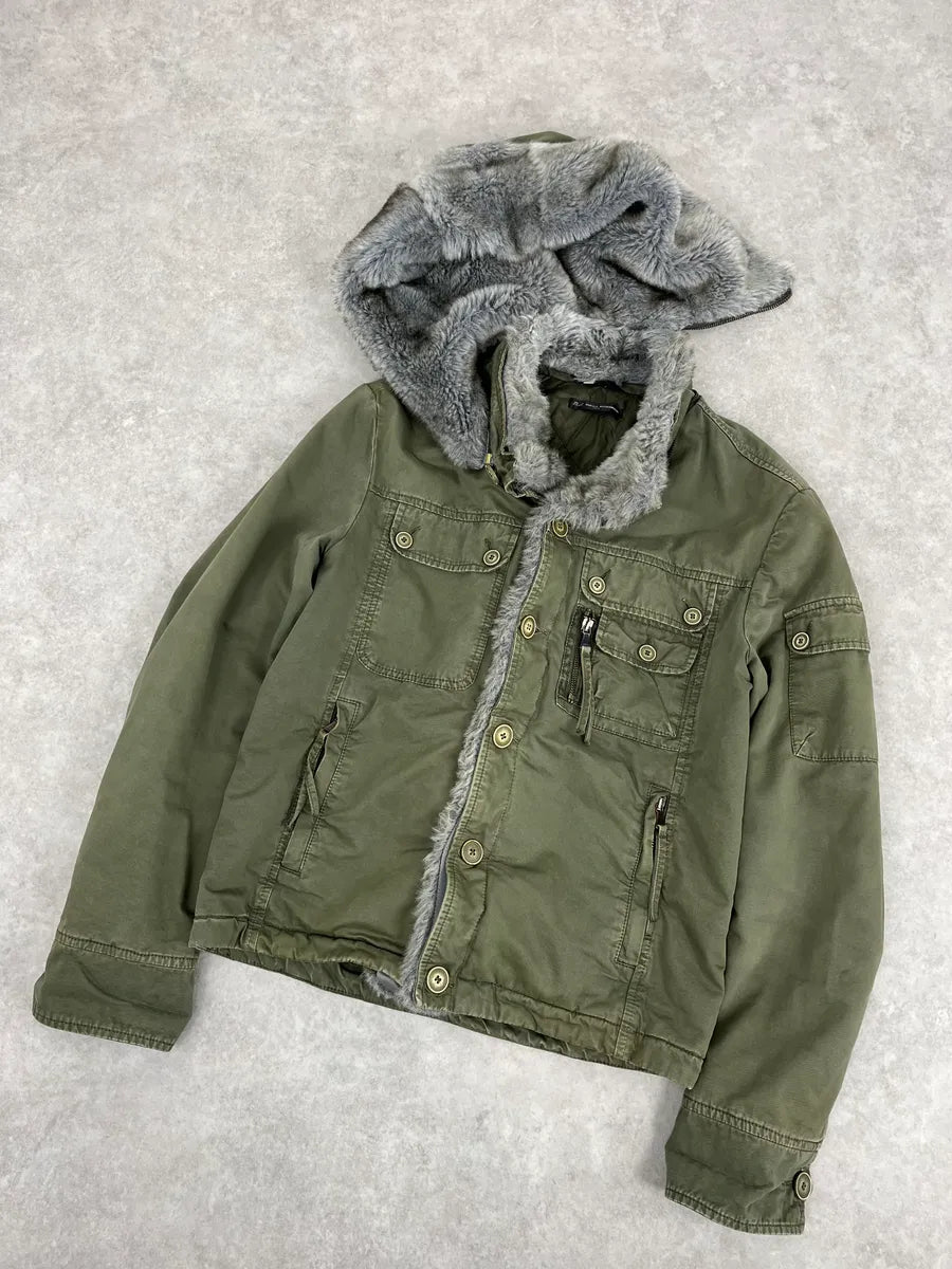2000s Daniele Alessandrini Military Green Multi Pockets Faux Fur Jacket nKmfepU 3