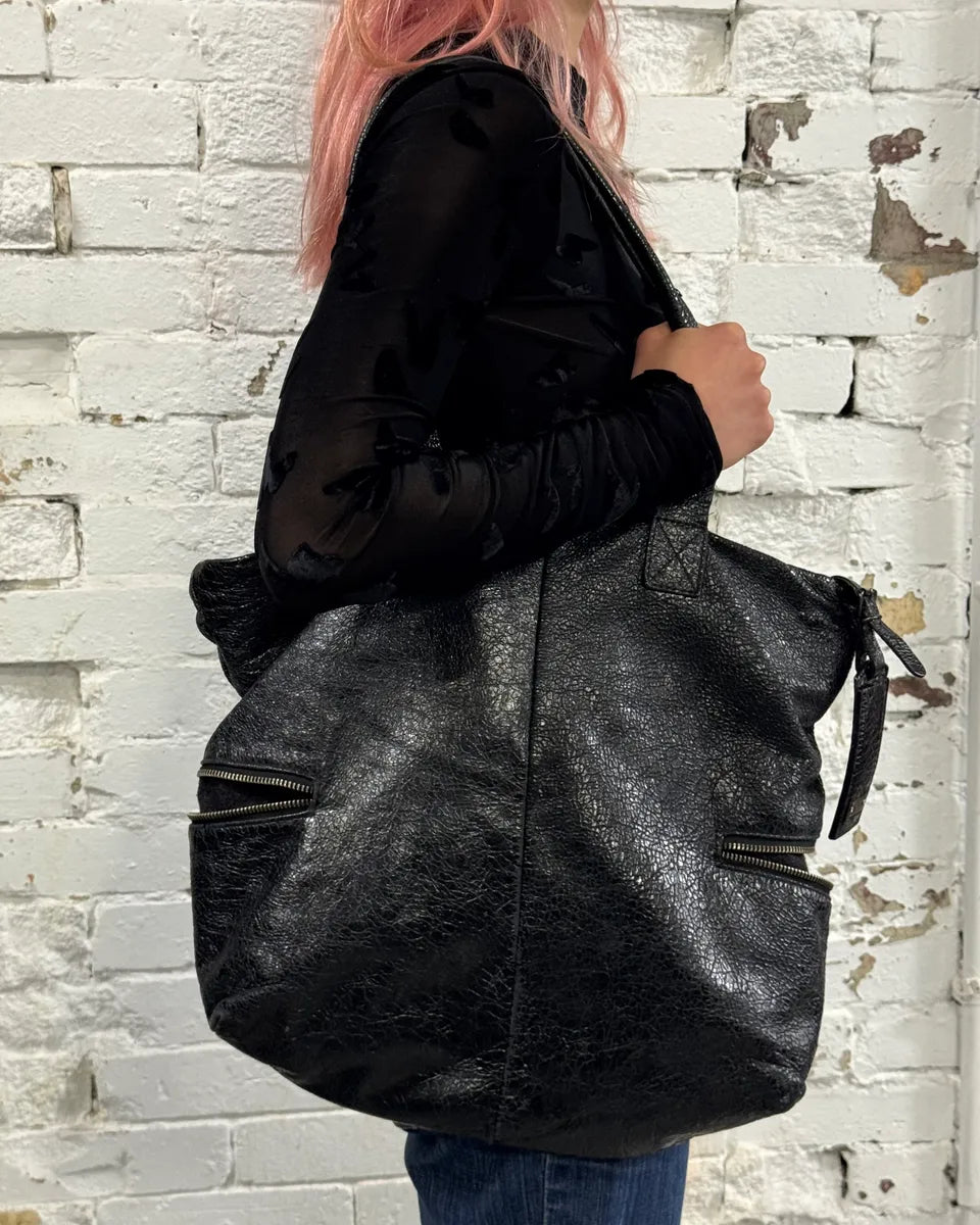 2000s Daniele Alessandrini Raw Black Leather Zip Handle Bag jwZFExd 1