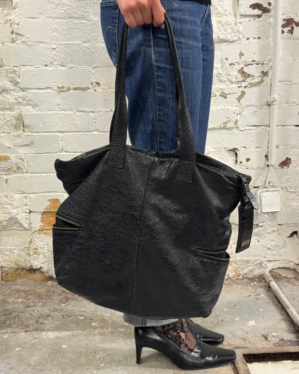 2000s Daniele Alessandrini Raw Black Leather Zip Handle Bag jwZFExd 2