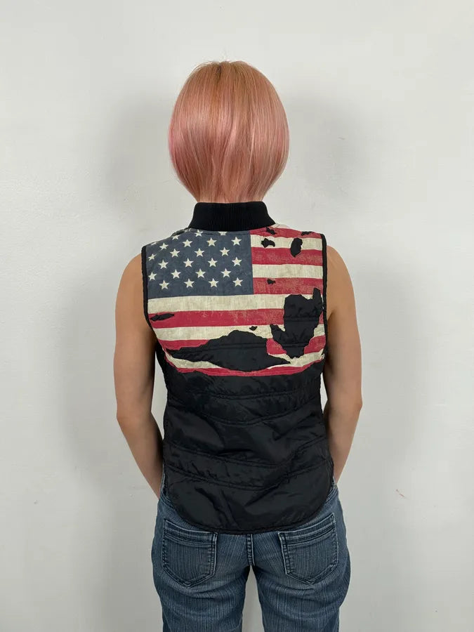 2010s Denim & Supply Ralph Lauren Black Nylon Quilted USA Flag Bomber Vest JzDNZCF 3