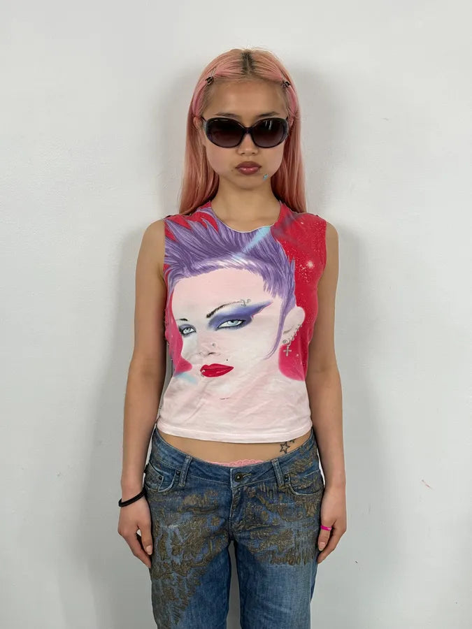 SS2001 Dolce & Gabbana Red & Leopard Punk Face Tank Top cVHxspZ 2