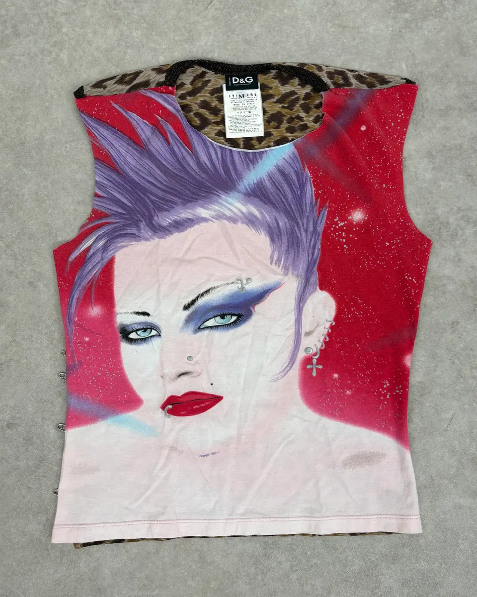 SS2001 Dolce & Gabbana Red & Leopard Punk Face Tank Top cVHxspZ 0