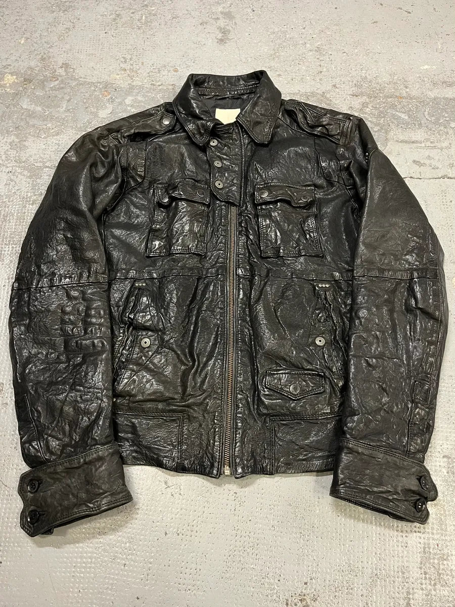 2000s Diesel Avant-Garde Biker Black Leather Jacket OwCNeOi 0