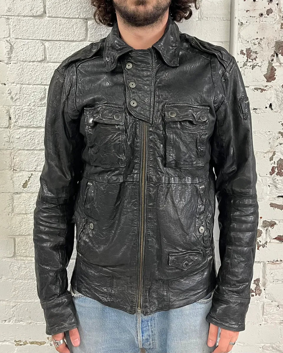 2000s Diesel Avant-Garde Biker Black Leather Jacket OwCNeOi 1