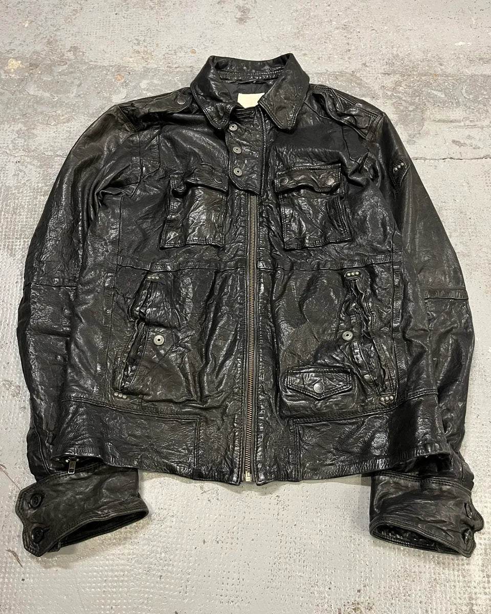 2000s Diesel Avant-Garde Biker Black Leather Jacket OwCNeOi 3