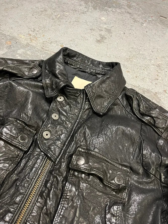 2000s Diesel Avant-Garde Biker Black Leather Jacket OwCNeOi 4