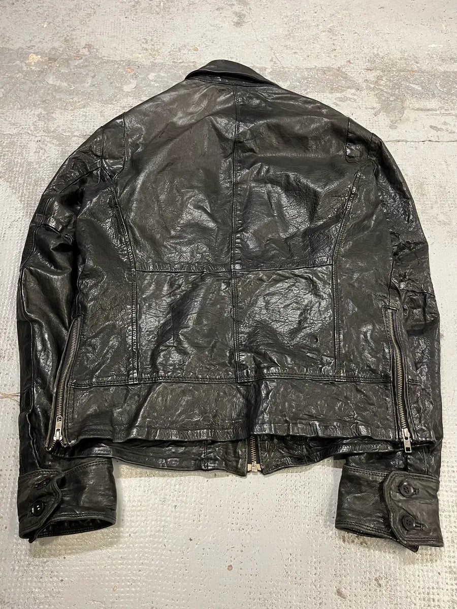 2000s Diesel Avant-Garde Biker Black Leather Jacket OwCNeOi 6