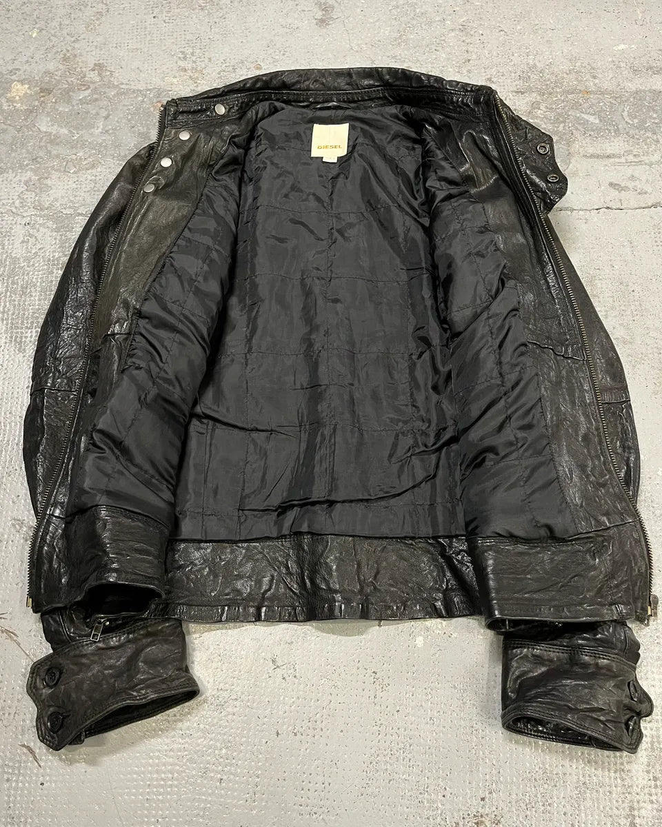 2000s Diesel Avant-Garde Biker Black Leather Jacket OwCNeOi 7
