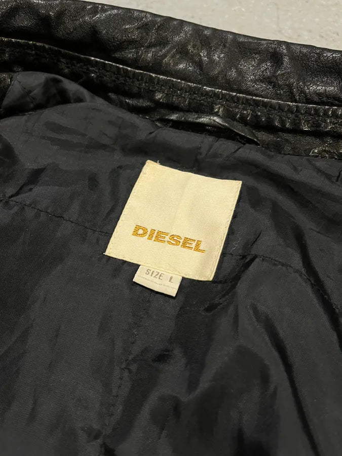 2000s Diesel Avant-Garde Biker Black Leather Jacket OwCNeOi 8