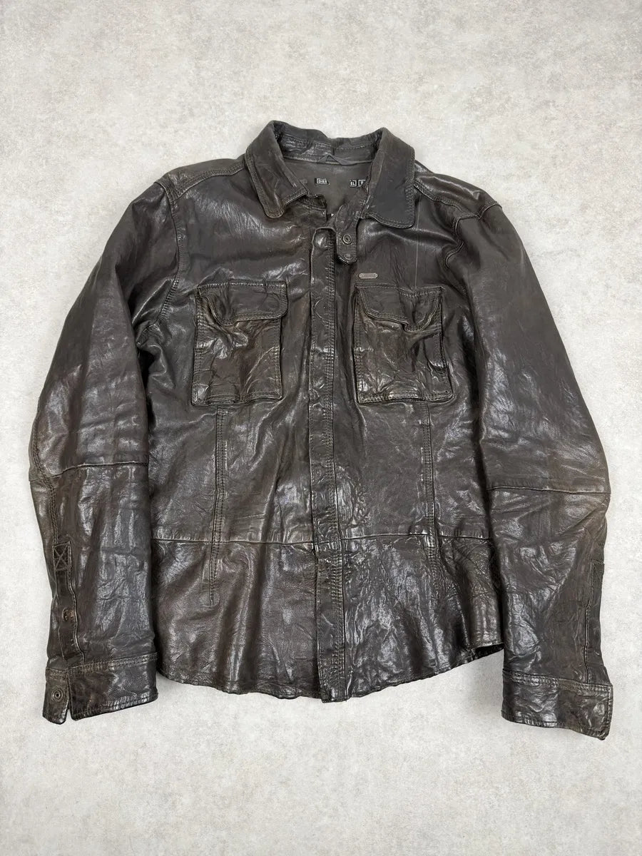 2000s Diesel Avant-Garde Brown Eroded Leather Shirt Jacket wCLbpgd 0