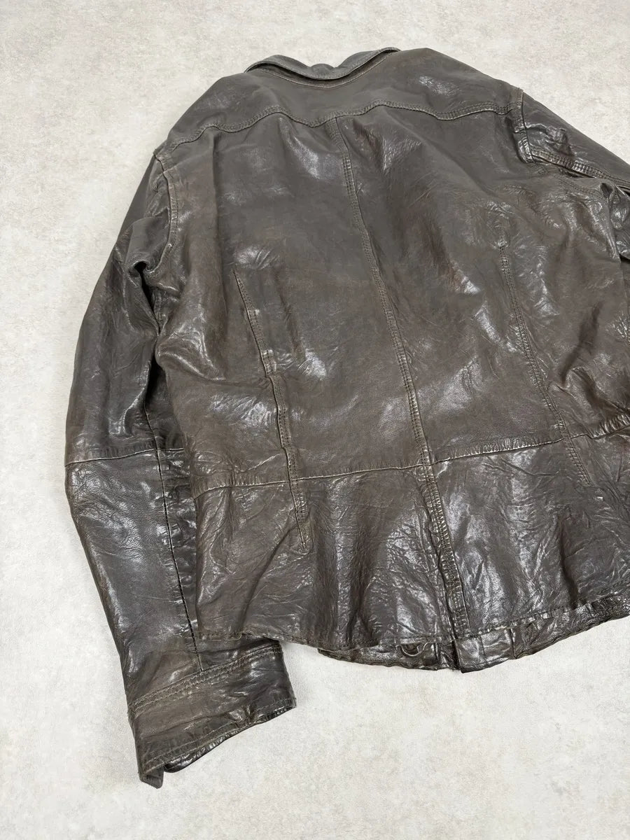 2000s Diesel Avant-Garde Brown Eroded Leather Shirt Jacket wCLbpgd 1