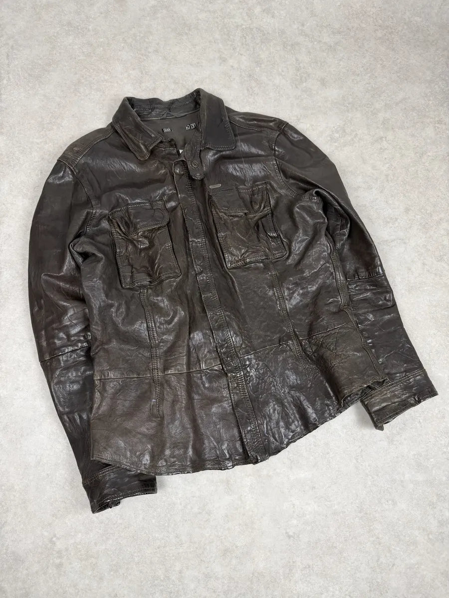 2000s Diesel Avant-Garde Brown Eroded Leather Shirt Jacket wCLbpgd 2