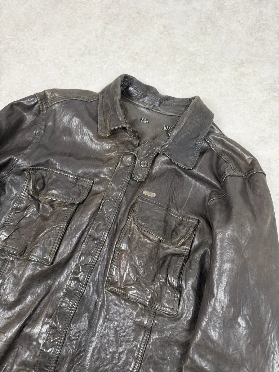 2000s Diesel Avant-Garde Brown Eroded Leather Shirt Jacket wCLbpgd 3