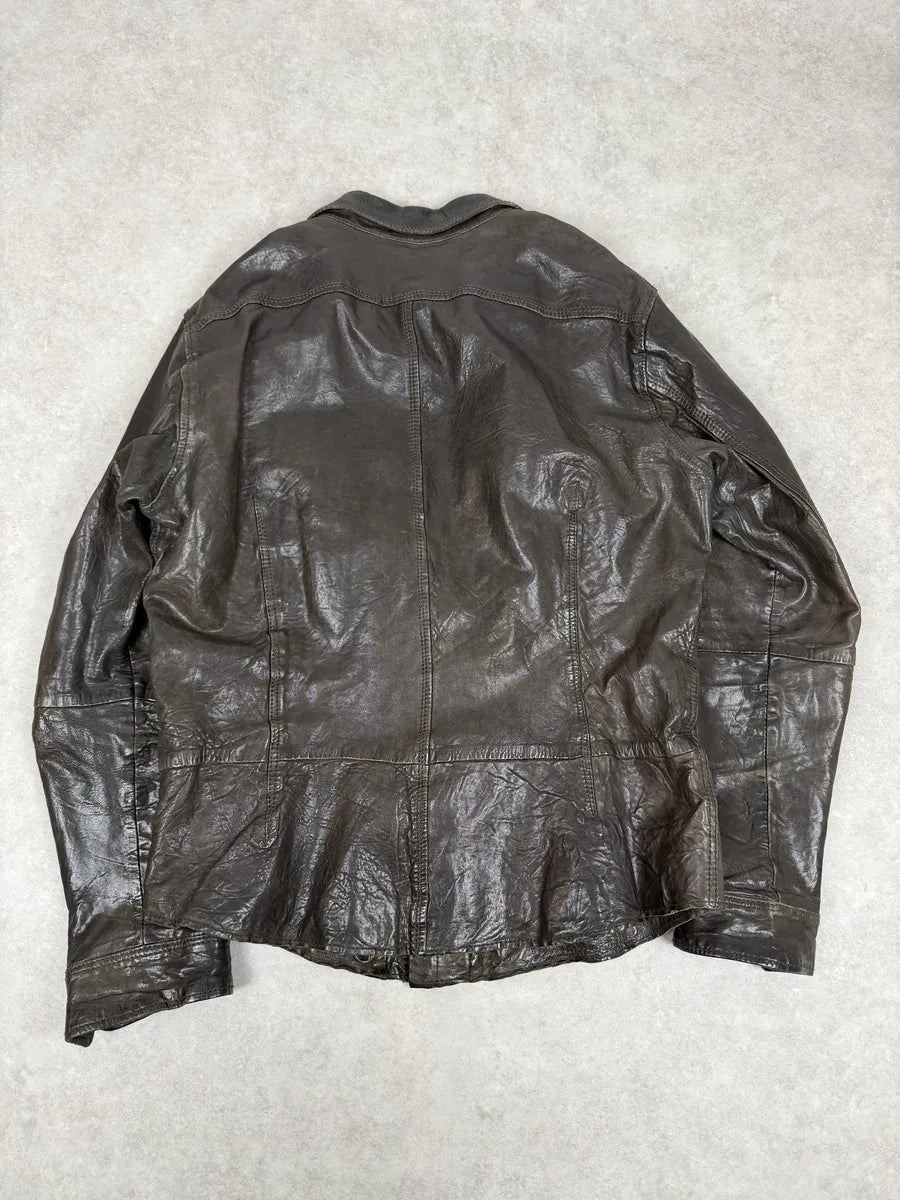 2000s Diesel Avant-Garde Brown Eroded Leather Shirt Jacket wCLbpgd 5