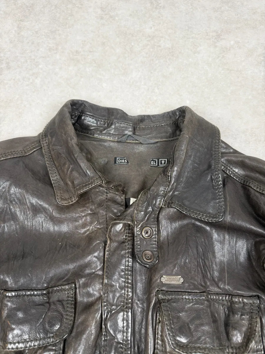 2000s Diesel Avant-Garde Brown Eroded Leather Shirt Jacket wCLbpgd 6