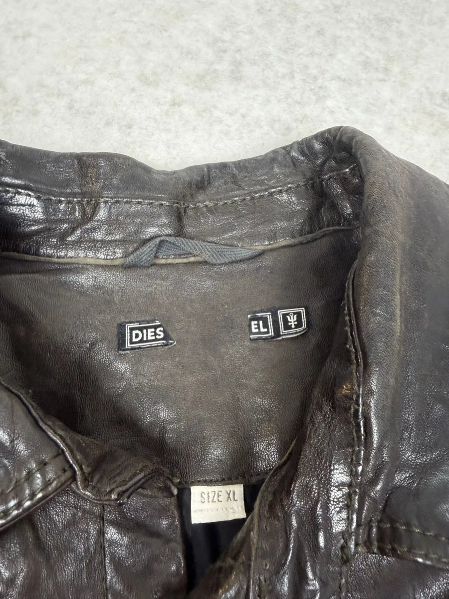 2000s Diesel Avant-Garde Brown Eroded Leather Shirt Jacket wCLbpgd 7