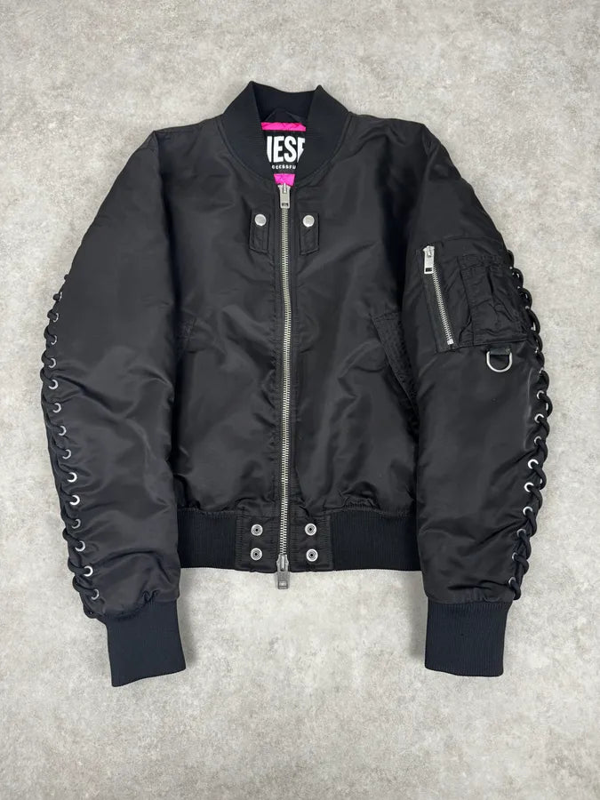 2000s Diesel Back Laced Black Bomber Jacket EubcIhg 0