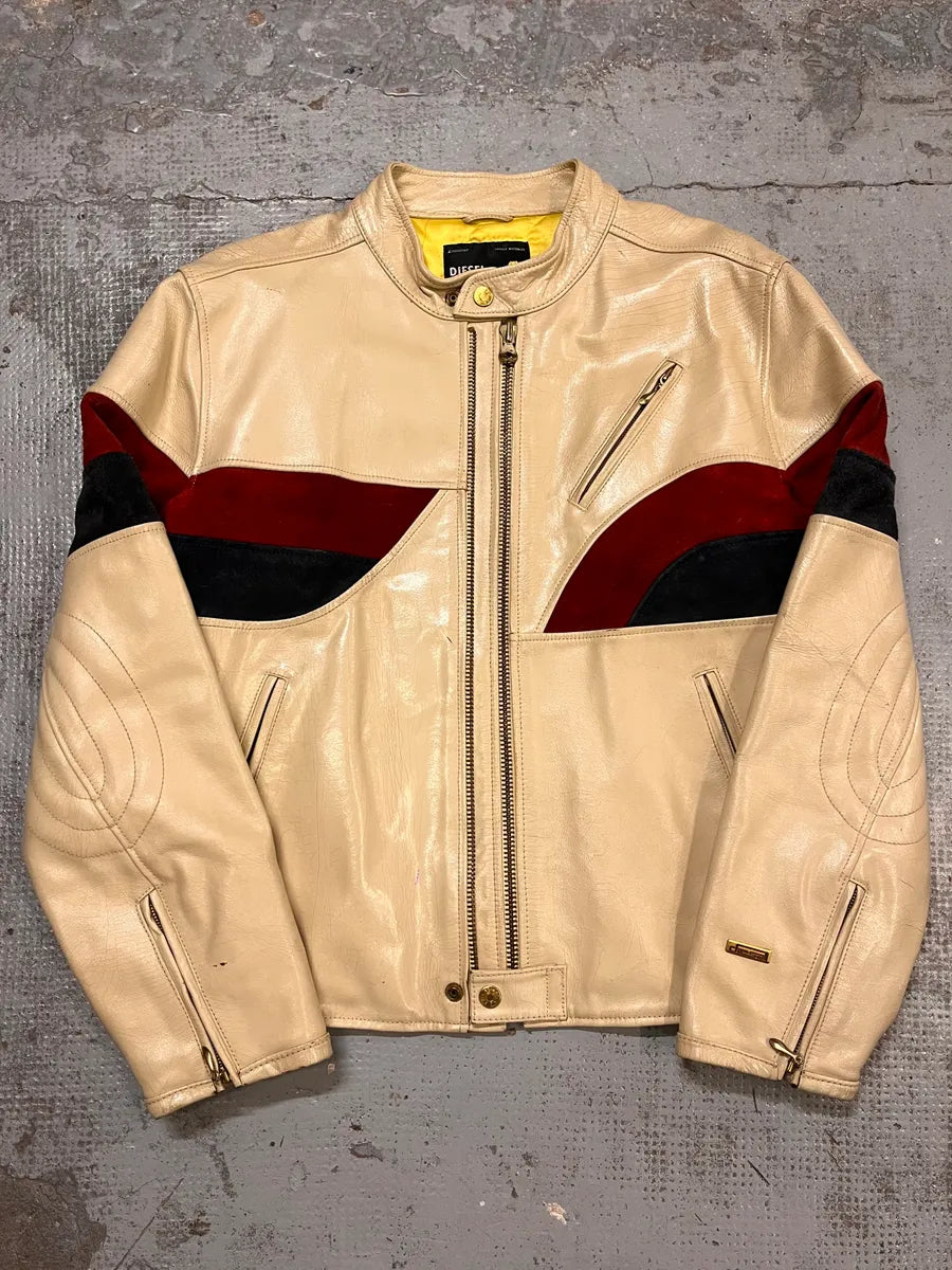 2000s Diesel Biker Cracked White Cream Leather Jacket EzDEQAW 0