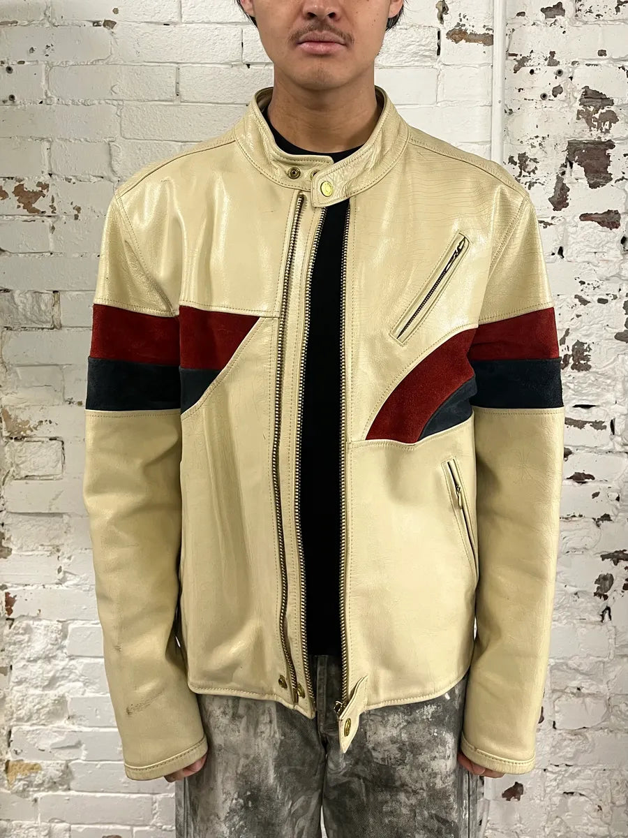 2000s Diesel Biker Cracked White Cream Leather Jacket EzDEQAW 1