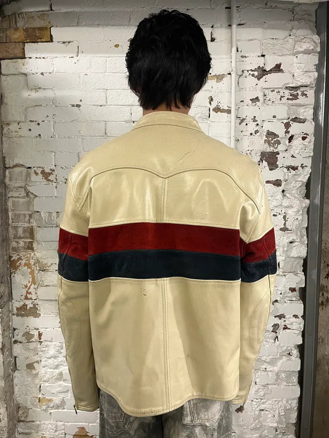 2000s Diesel Biker Cracked White Cream Leather Jacket EzDEQAW 2