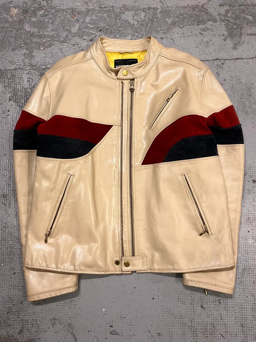 2000s Diesel Biker Cracked White Cream Leather Jacket EzDEQAW 3