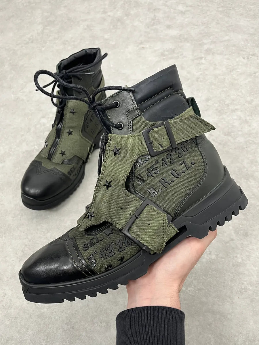 2000s Diesel Black & Green Military Combat Leather Boots BkhCHGr 0