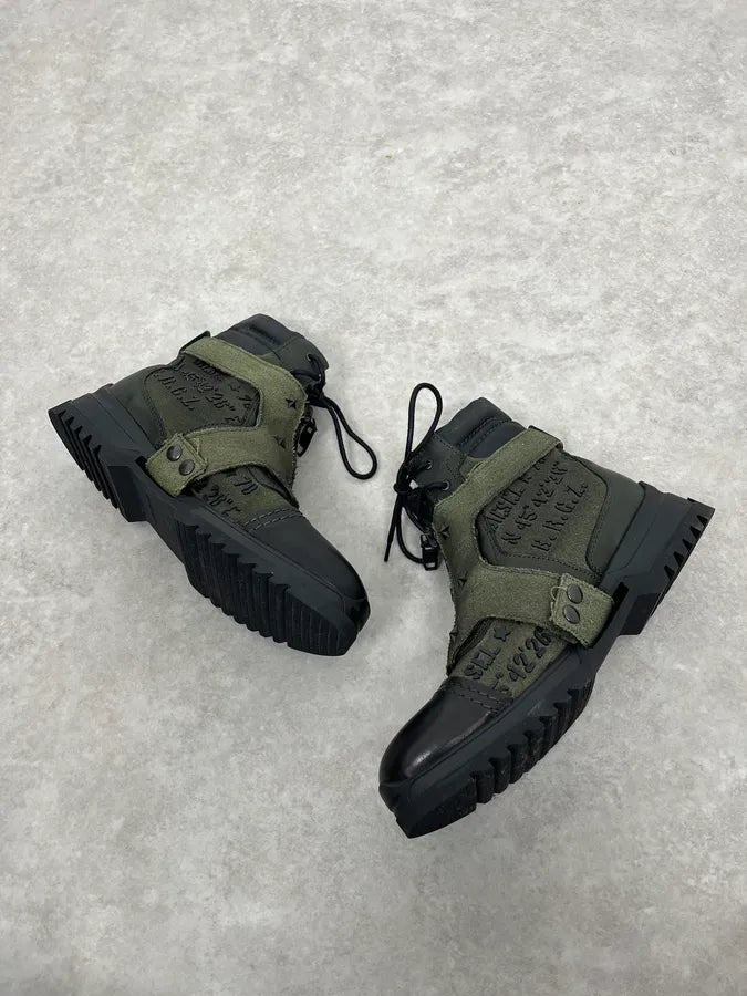 2000s Diesel Black & Green Military Combat Leather Boots BkhCHGr 2