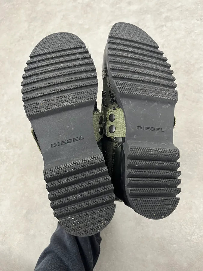 2000s Diesel Black & Green Military Combat Leather Boots BkhCHGr 6