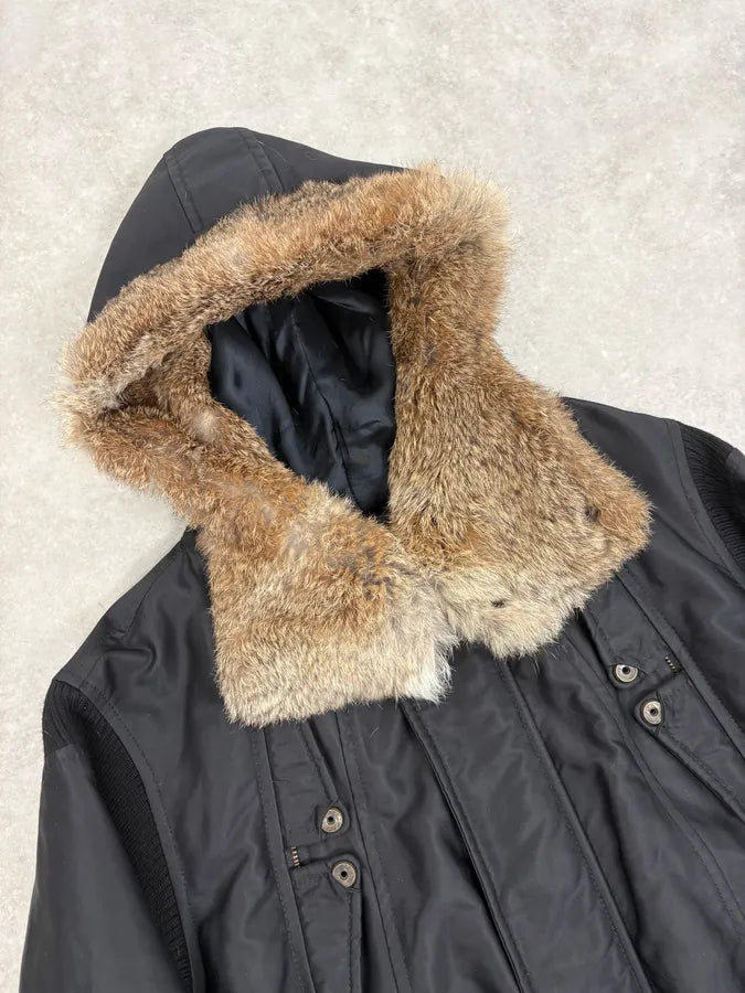 2000s Diesel Black Fur Collar Hooded Bomber Jacket OoKcqBQ 4
