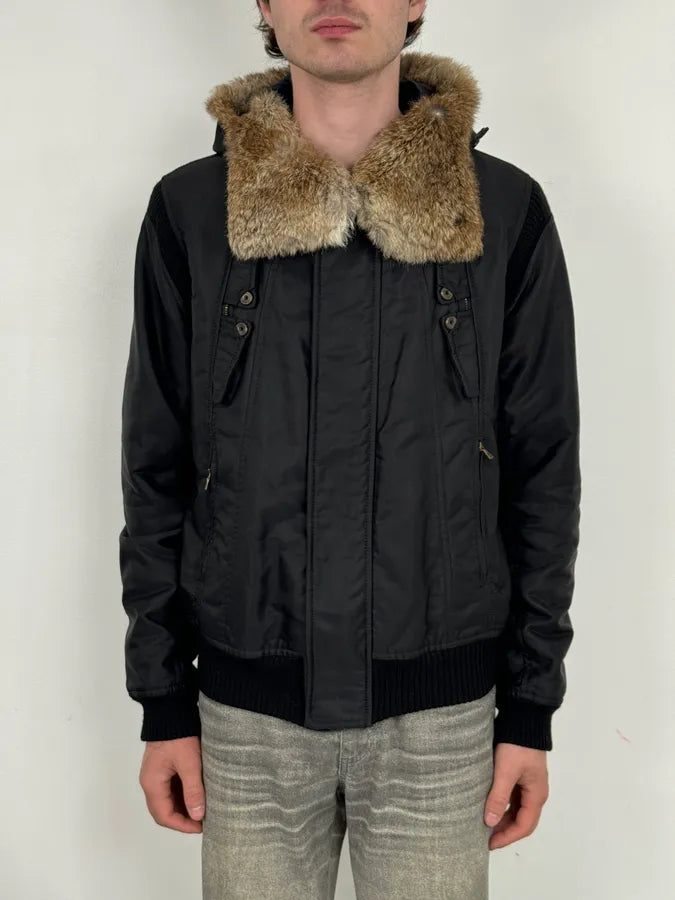 2000s Diesel Black Fur Collar Hooded Bomber Jacket OoKcqBQ 1