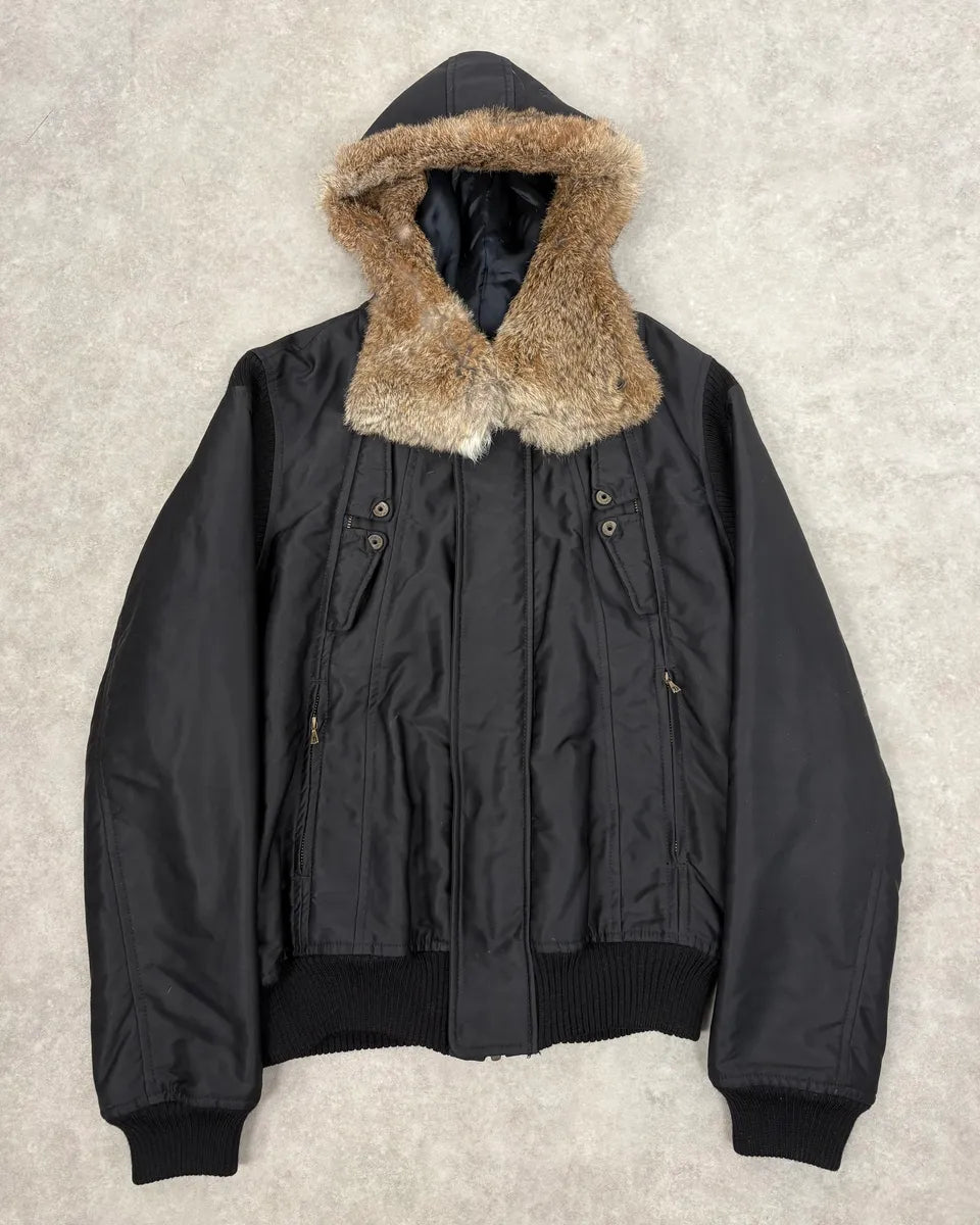 2000s Diesel Black Fur Collar Hooded Bomber Jacket OoKcqBQ 0