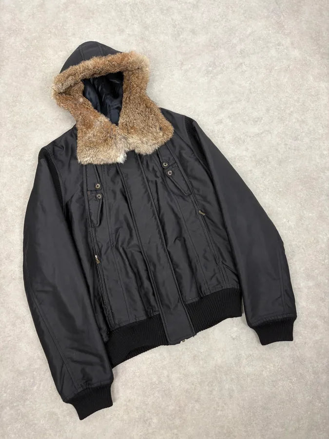 2000s Diesel Black Fur Collar Hooded Bomber Jacket OoKcqBQ 3
