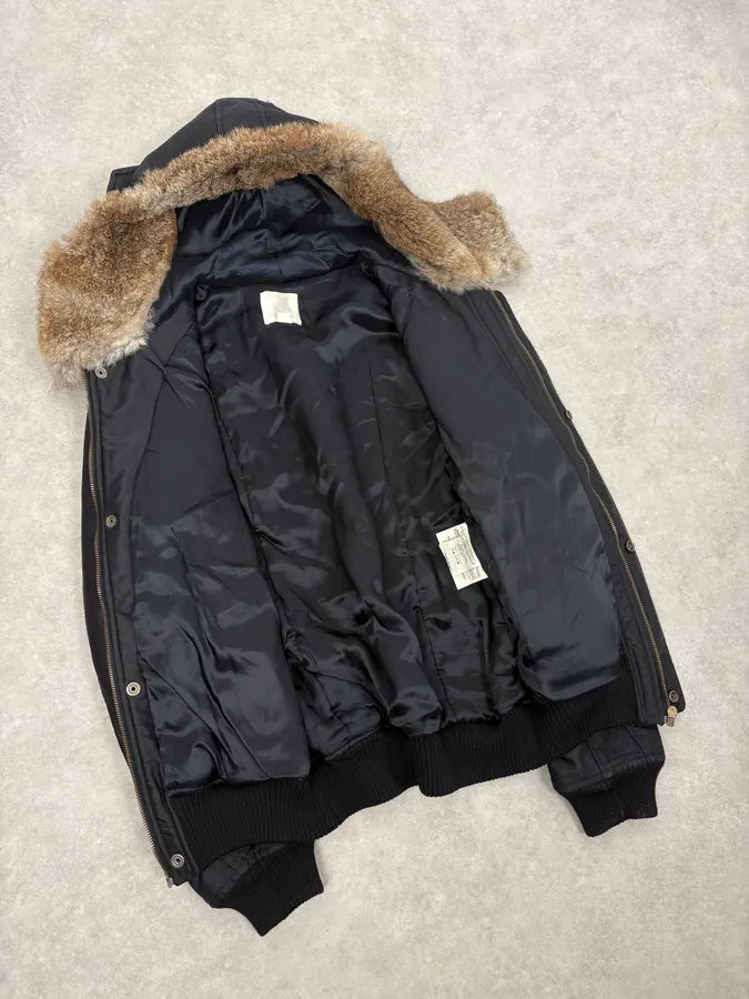 2000s Diesel Black Fur Collar Hooded Bomber Jacket OoKcqBQ 6