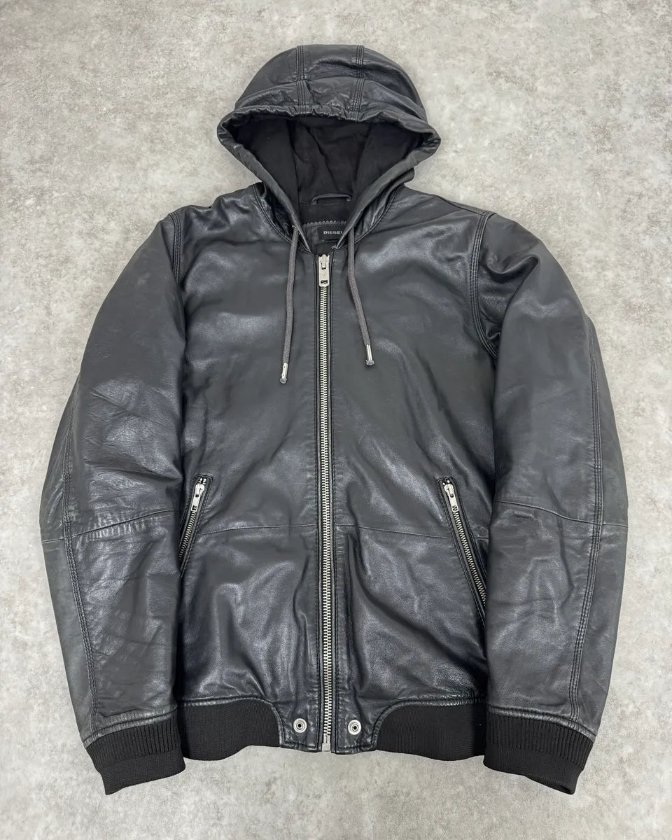 2000s Diesel Black Mafia Leather Hooded Jacket aNOnIcv 0