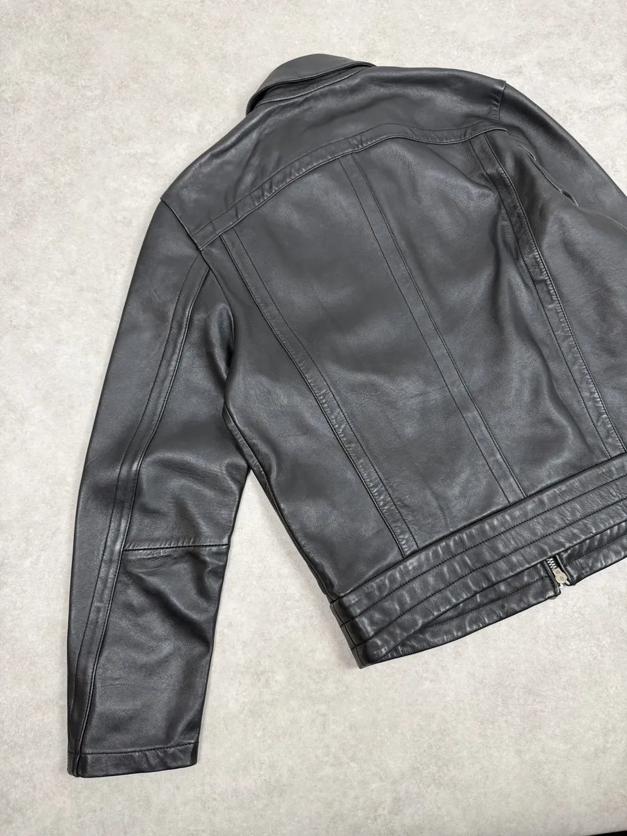 2000s Diesel Black Minimalist Leather Mafia Jacket Kgdrqqn 6