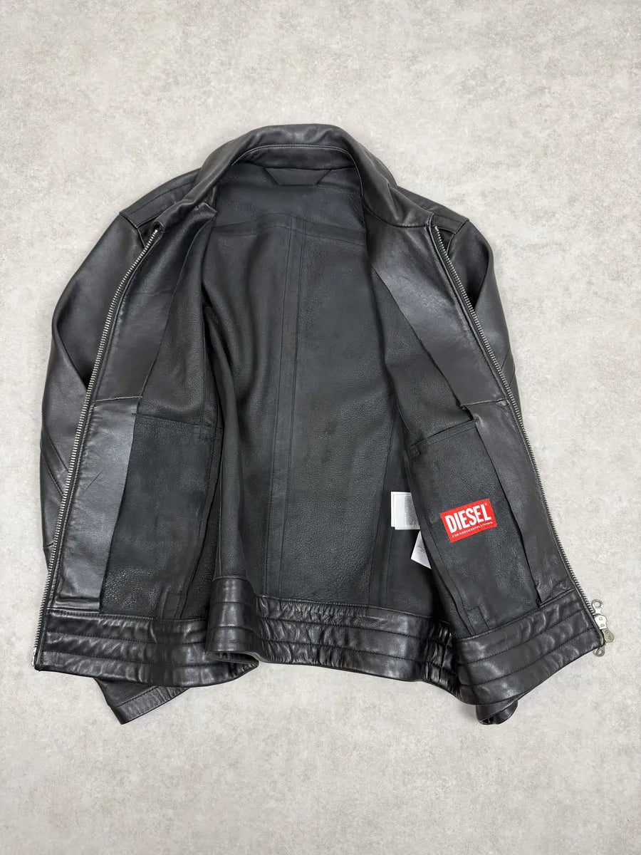 2000s Diesel Black Minimalist Leather Mafia Jacket Kgdrqqn 8