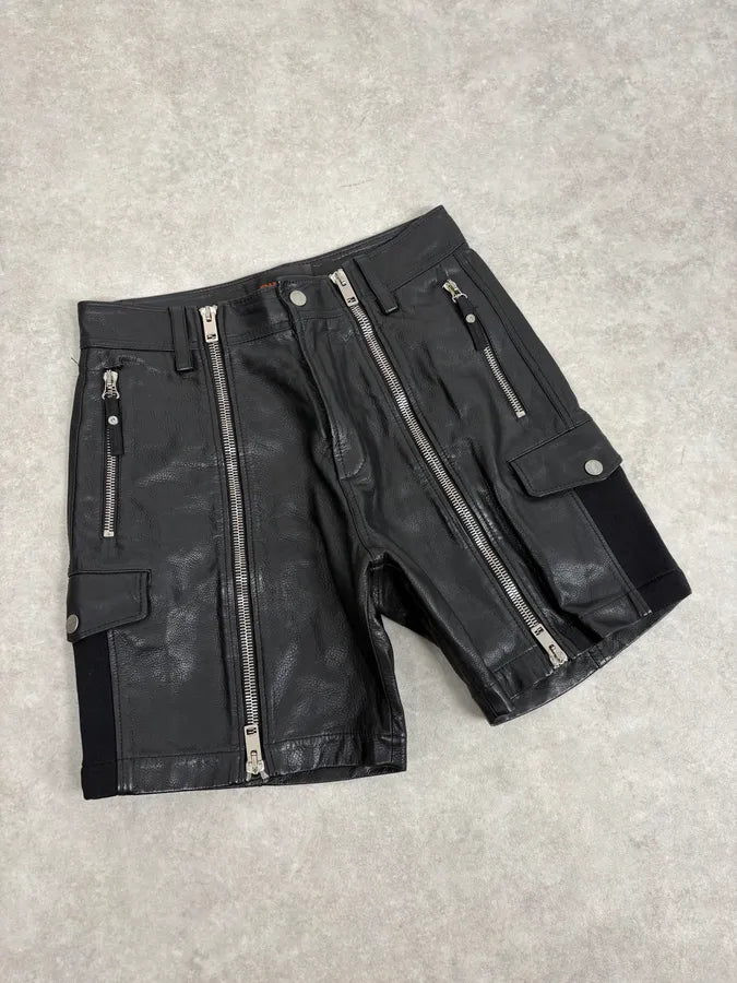 2000s Diesel Black Multi Zips Biker Leather Shorts SLIKnxg 4