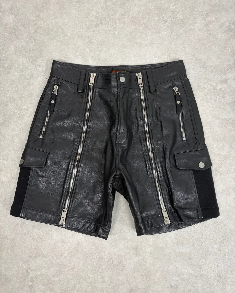 2000s Diesel Black Multi Zips Biker Leather Shorts SLIKnxg 0