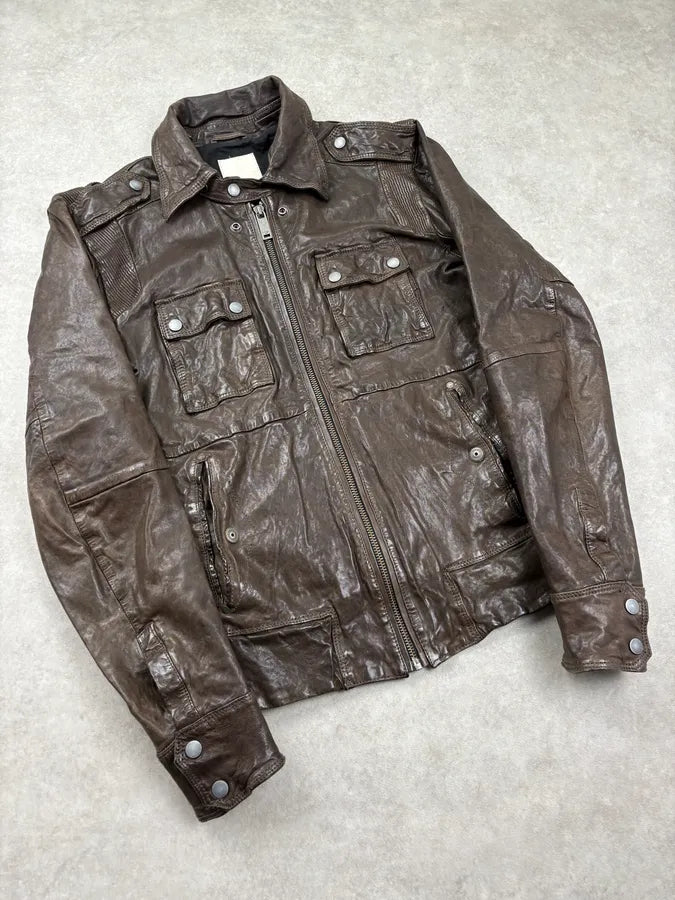 2000s Diesel Brown Cargo Leather Jacket JxxISCx 3