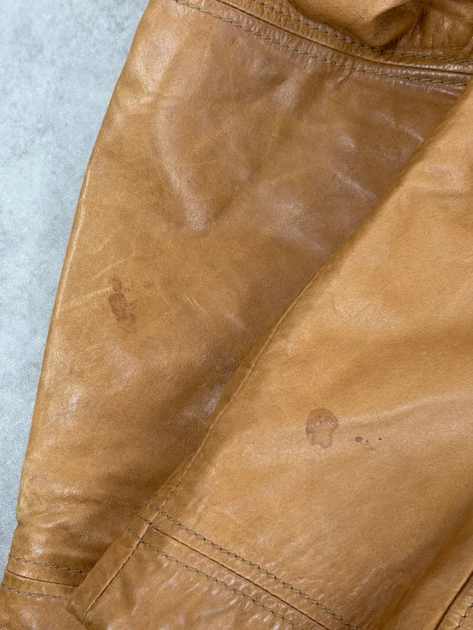 2000s Diesel Camel Leather Multi-Pocket Leather Jacket YKOhOHt 13