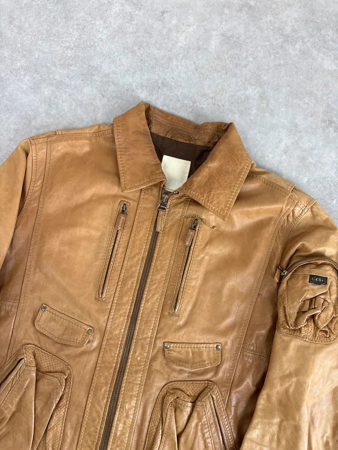 2000s Diesel Camel Leather Multi-Pocket Leather Jacket YKOhOHt 3
