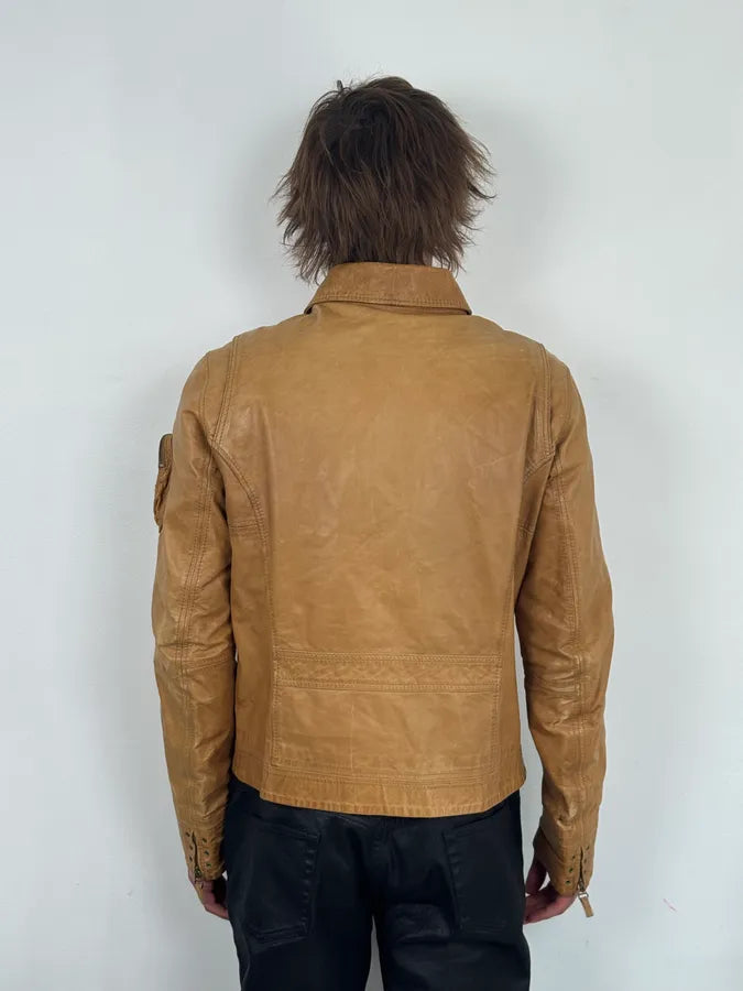 2000s Diesel Camel Leather Multi-Pocket Leather Jacket YKOhOHt 1