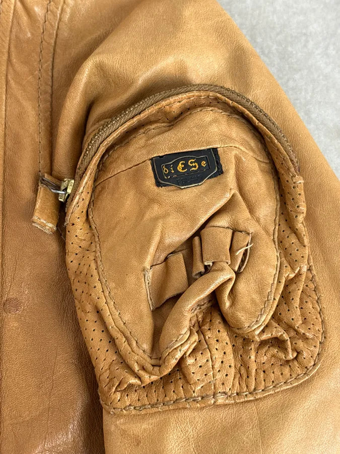 2000s Diesel Camel Leather Multi-Pocket Leather Jacket YKOhOHt 7