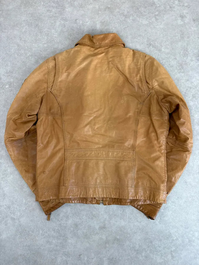 2000s Diesel Camel Leather Multi-Pocket Leather Jacket YKOhOHt 4